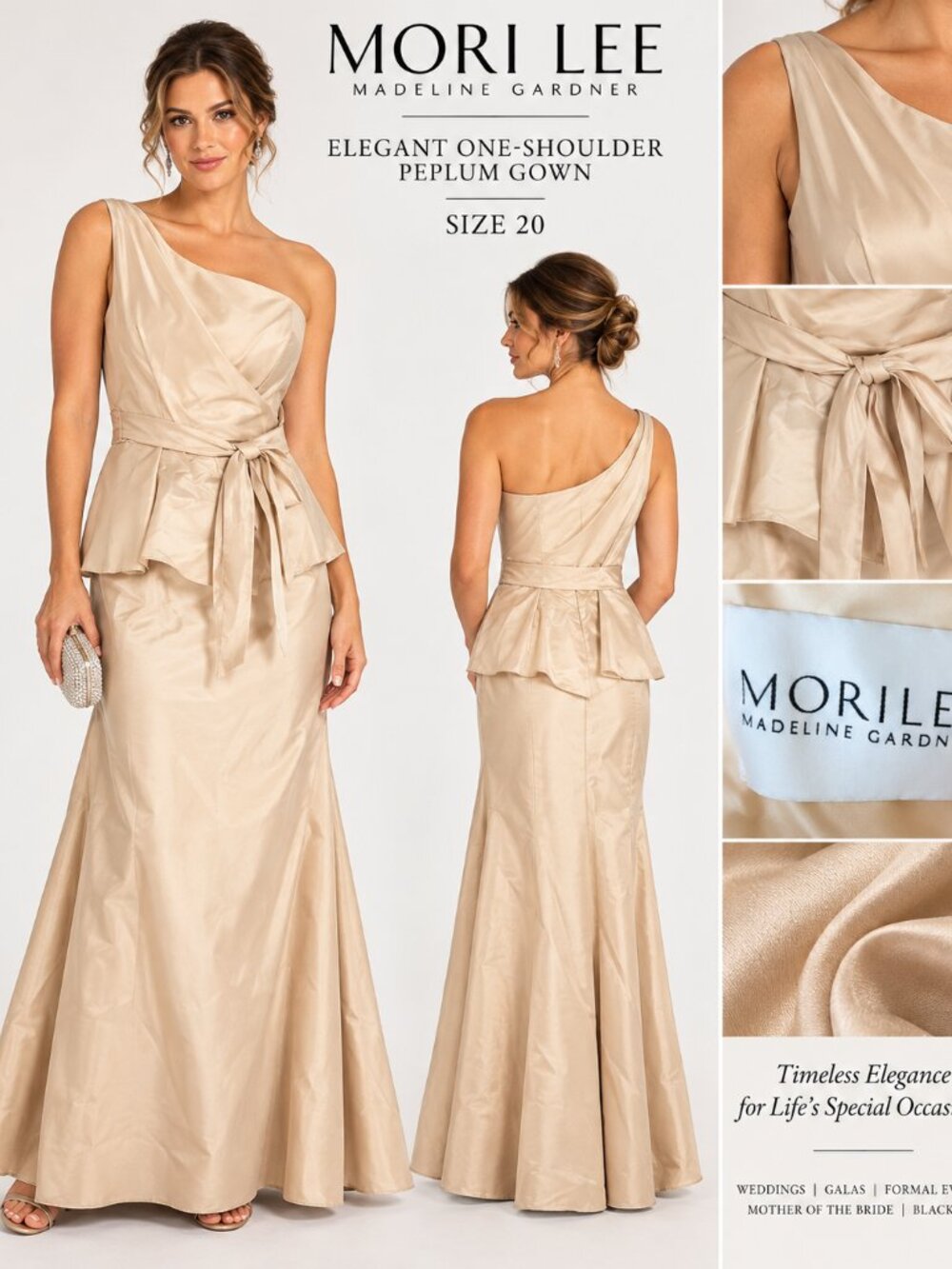 MORI LEE CREAM ONE-SHOULDER PEPLUM EVENING GOWN SIZE 20